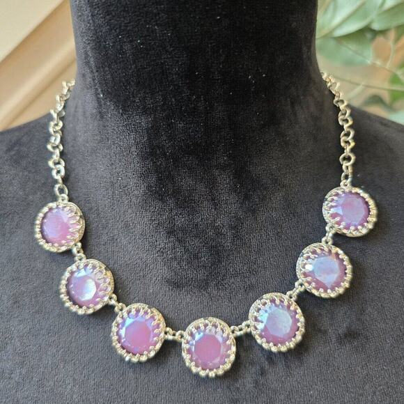 Women Pink Shiny Crystal Statement Silver Tone Chain Necklace with Lobster Clasp - Picture 3 of 6